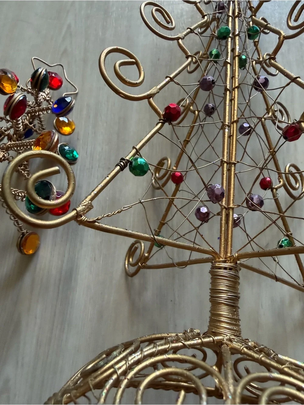 Vintage Metal Spiral Wire Christmas Trees Bead Faux Jewels Table Top Decor
